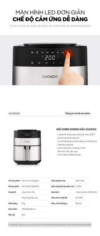 NỒI CHIÊN KHÔNG DẦU CUCKOO CAF-G0510T/BKVNCV MÀU ĐEN 4,8L 5