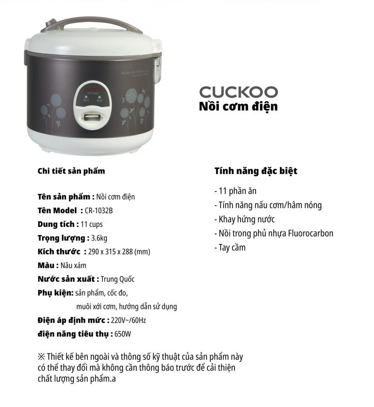 Nồi cơm điện CUCKOO CR-1032B/BGVNCKV MÀU XÁM ĐẬM DUNG TÍCH 2L